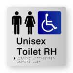 Unisex Toilet RH Braille Sign in Tactile Printed Silver Acrylic. Silver Sign panel with Black male & Female Symbols, Blue & White accessible Symbol. Black text reads Unisex Toilet RH Black Braille text is shown