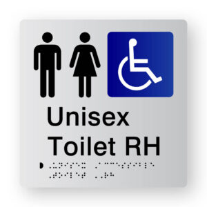 Unisex Toilet RH Braille Sign in Tactile Printed Silver Acrylic. Silver Sign panel with Black male & Female Symbols, Blue & White accessible Symbol. Black text reads Unisex Toilet RH Black Braille text is shown