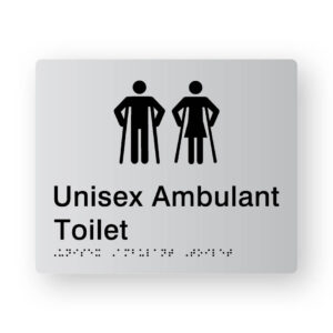 Unisex Ambulant Toilet Braille Sign in Tactile Printed Silver Acrylic. Silver Sign panel with Black Male & Female Ambulant Symbols. Black text reads Unisex Ambulant Toilet., Black Braille text is shown