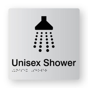 Unisex Shower Braille Sign in Tactile Printed Silver Acrylic. Silver Sign panel with Black Shower Symbol. Black text reads Unisex Shower. Black Braille is shown