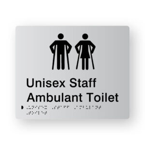 Unisex Staff Ambulant Toilet Braille Sign in Tactile Printed Silver Acrylic. Silver Sign panel with Black Male & Female Ambulant symbols. Black text reads Unisex Staff Ambulant Toilet. Black Braille text is shown