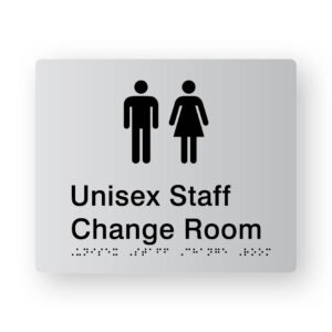 Unisex Staff Change Room Braille Sign in Tactile Printed Silver Acrylic. Silver Sign panel with Black male & Female Symbols. Black text reads Unisex Staff Change Room. Black Braille text is shown