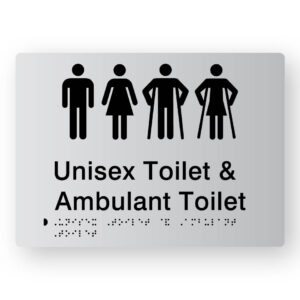 Unisex Toilet & Ambulant Toilet Braille Sign in Silver Tactile printed Acrylic. Silver Sign panel with Black Male Female Male Ambulant & Female Ambulant Symbol. Black text reads Unisex Toilet & Ambulant Toilet. Black braille Text is Shown
