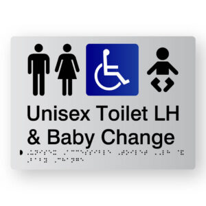 Unisex Toilet LH & Baby Braille Sign in Tactile Printed Silver Acrylic. Silver Sign panel with Black Male Female & Baby Symbols, Blue & White Accessible Symbol. Black Text reads Unisex Toilet LH & Shower Black Braille Text is shown