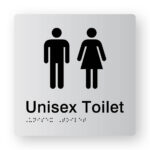 Unisex Toilet Braille Sign in Tactile printed Silver Acrylic. Silver Sign panel with Black Male & Female Symbols. Black text reads Unisex Toilet. Black Braille text is shown