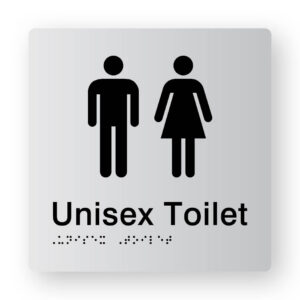Unisex Toilet Braille Sign in Tactile printed Silver Acrylic. Silver Sign panel with Black Male & Female Symbols. Black text reads Unisex Toilet. Black Braille text is shown