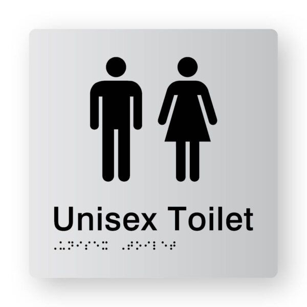 UUnisex Toilet Braille Sign in Tactile printed Silver Acrylic Unisex Toilet Braille Sign in Tactile printed Silver Acrylic. Silver Sign panel with Black Male & Female Symbols. Black text reads Unisex Toilet. Black Braille text is shown
