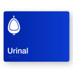 Urinal Braille Sign in Blue Acrylic. Blue Sign Panel with White Urinal Symbol & Text that reads Urinal. Braille text is shown