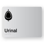 Urinal Braille Sign in Silver Moulded Acrylic. Silver Sign panel with Black Urinal Symbol & Text that reads Urinal. Braille text is shown
