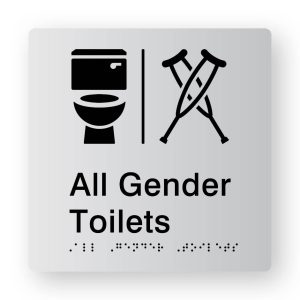 Airlock - All Gender Toilets Braille Sign in Tactile Printed Silver Acrylic. Silver Sign panel with Black Toilet, Airlock, Crutches Symbol. Black Text reads All Gender Toilets. Black Braille text is shown