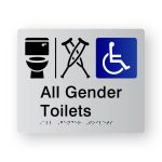Airlock - All Gender Toilets Braille Sign in Silver Tactile Printed Acrylic. Silver Sign Panel with Black Toilet, Airlock & Crutches Symbol, Blue & White Accessible Symbol. Black Text reads All Gender Toilets. Black Braille Text is shown