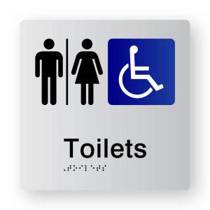 Airlock Toilets Braille Sign in Tactile Printed Silver Acrylic. Silver Sign Panel with Blue & White Accessible Symbol, Black Male, Airlock & Female Symbol & Text that reads Toilets. Black Braille text is shown