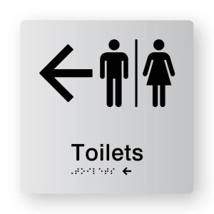 Airlock - Toilets with Left Arrow braille Sign in Tactile Printed Silver Acrylic. Silver Sign panel with Black Male, Airlock, Female Symbols & a Left Arrow. Black text reads Toilets. Black Braille Text is shown