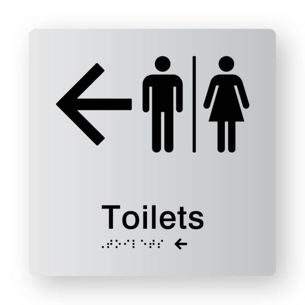 Airlock - Toilets with Left Arrow braille Sign in Tactile Printed Silver Acrylic Airlock - Toilets with Left Arrow braille Sign in Tactile Printed Silver Acrylic. Silver Sign panel with Black Male, Airlock, Female Symbols & a Left Arrow. Black text reads Toilets. Black Braille Text is shown