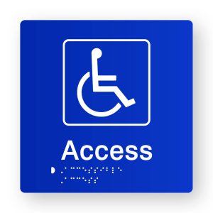 Accessible Access Braille Sign in Tactile Printed Blue Acrylic. Blue Sign panel with White Accessible Symbol. White text reads Access. Braille text is shown
