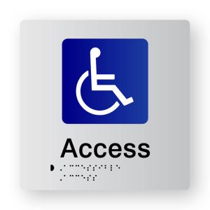 Accessible Access Braille Sign, Tactile printed in Silver Acrylic. Silver Sign panel with Blue & White Accessible Symbol. Black Text reads Access. Black Braille text is shown.