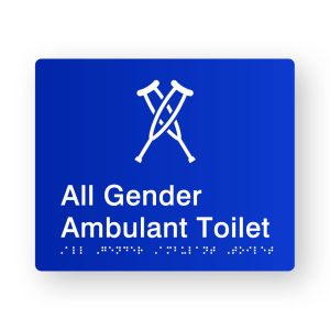 All Gender Ambulant Toilet Braille Sign in Blue Tactile Printed Acrylic. Blue Sign Panel with White Crutches & Text that reads All Gender Toilet. White Braille is Shown.