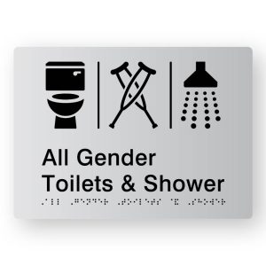 Airlock - All Gender Toilets Braille Sign in Tactile Printed Silver Acrylic. Silver Sign panel with Black Toilet, Airlock, Crutches & Shower Symbols. Black Text reads All Gender Toilets & Shower. Black Braille text is shown