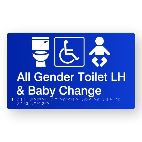 All Gender Accessible Toilet LH & Baby Change Braille Sign in Tactile printed Blue Acrylic All Gender Accessible Toilet LH & Baby Change Braille Sign in Tactile printed Blue Acrylic. Blue Sign panel with White Toilet, Accessible & Baby Symbols. White text reads All Gender Toilet LH & Baby Change. White Braille text is shown