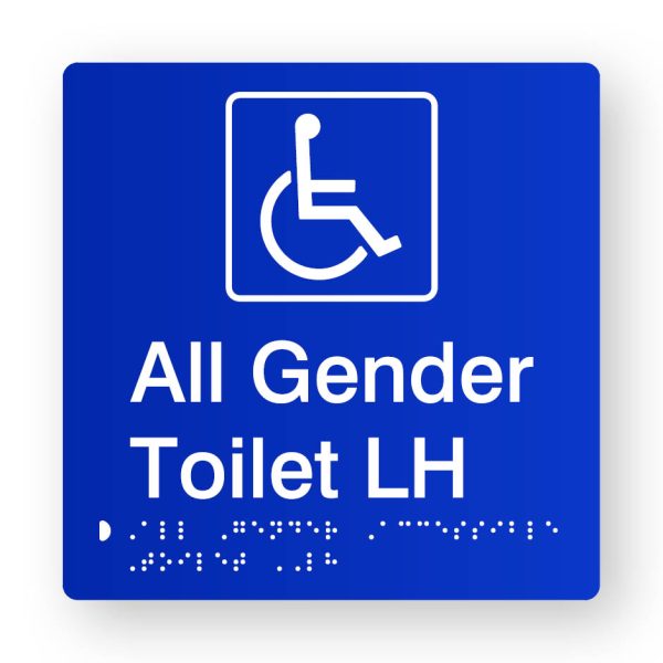 All Gender Accessible Toilet LH Braille Sign in Blue Tactile Printed Acrylic All Gender Accessible Toilet LH Braille Sign in Blue Tactile Printed Acrylic. Blue Sign Panel with White Accessible Symbol. White text reads All Gender Toilet LH. White Braille Text is Shown
