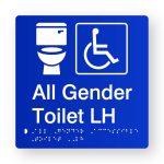 All Gender Accessible Toilet LH (Version 2) Braille Sign in Blue Tactile Printed Acrylic. Blue Sign Panel with White Accessible Symbol. White text reads All Gender Toilet LH. White Braille Text is Shown