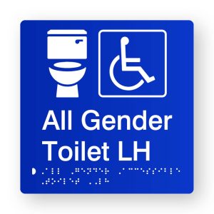 All Gender Accessible Toilet LH (Version 2) Braille Sign in Blue Tactile Printed Acrylic. Blue Sign Panel with White Accessible Symbol. White text reads All Gender Toilet LH. White Braille Text is Shown