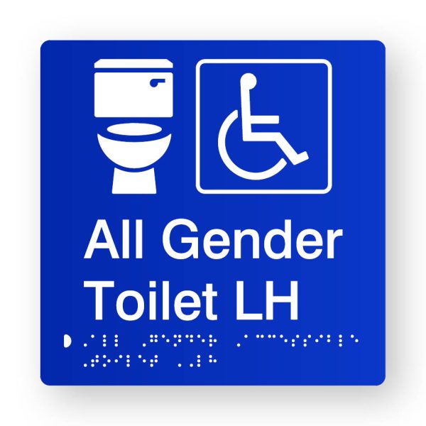 All Gender Accessible Toilet LH (Version 2) Braille Sign in Blue Tactile Printed Acrylic All Gender Accessible Toilet LH (Version 2) Braille Sign in Blue Tactile Printed Acrylic. Blue Sign Panel with White Accessible Symbol. White text reads All Gender Toilet LH. White Braille Text is Shown