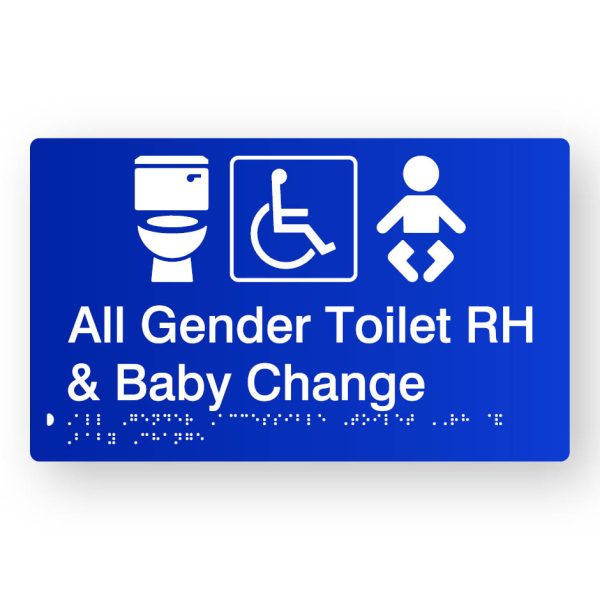All Gender Accessible Toilet RH & Baby Change Braille Sign in Tactile printed Blue Acrylic All Gender Accessible Toilet RH & Baby Change Braille Sign in Tactile printed Blue Acrylic. Blue Sign panel with White Toilet, Accessible & Baby Symbols. White text reads All Gender Toilet RH & Baby Change. White Braille text is shown