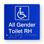 All Gender Accessible Toilet RH Braille Sign in Blue Tactile Printed Acrylic. Blue Sign Panel with White Accessible Symbol. White text reads All Gender Toilet RH. White Braille Text is Shown