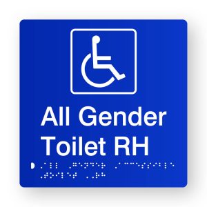 All Gender Accessible Toilet RH Braille Sign in Blue Tactile Printed Acrylic. Blue Sign Panel with White Accessible Symbol. White text reads All Gender Toilet RH. White Braille Text is Shown
