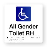 All Gender Accessible Toilet RH Braille Sign in Tactile Printed White Acrylic. White Sign Panel with Black male & Female Symbols, White on Blue Accessible Symbol. Black text reads All Gender Toilet RH. Black Braille text is Shown