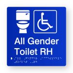 All Gender Accessible Toilet RH (Version 2) Braille Sign in Blue Tactile Printed Acrylic. Blue Sign Panel with White Accessible Symbol. White text reads All Gender Toilet RH. White Braille Text is Shown