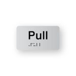 Pull Braille Sign in Tactile Printed Silver Acrylic. Black sign panel with the word "Pull". Black Braille text is shown