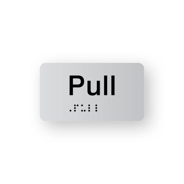 Pull Braille Sign in Tactile Printed Silver Acrylic Pull Braille Sign in Tactile Printed Silver Acrylic. Black sign panel with the word "Pull". Black Braille text is shown