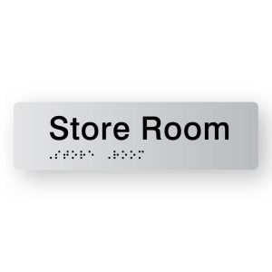 Store Room Braille Sign in Tactile printed Silver Acrylic. Silver Sign Panel with Black Text that reads Store Room. Black Braille text is shown
