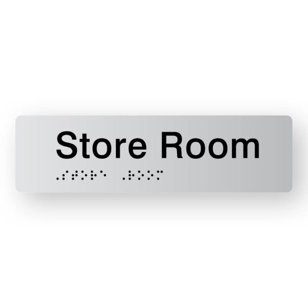 Store Room Braille Sign in Tactile printed Silver Acrylic. Silver Sign Panel with Black Text that reads Store Room. Black Braille text is shown