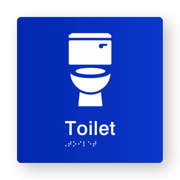 Toilet Braille Sign in Tactile printed Blue Acrylic Toilet Braille Sign in Tactile printed Blue Acrylic. Blue Sign panel with White toilet symbol. White text reads Toilet. White Braille is Shown