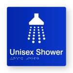 Unisex Shower Braille Sign in Tactile printed Blue Acrylic. Blue Sign panel with White Shower symbol. White text reads Unisex Shower. White Braille is Shown