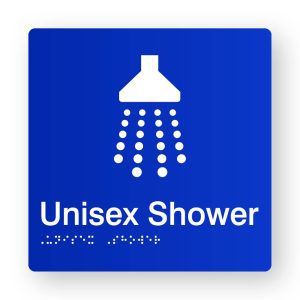Unisex Shower Braille Sign in Tactile printed Blue Acrylic. Blue Sign panel with White Shower symbol. White text reads Unisex Shower. White Braille is Shown