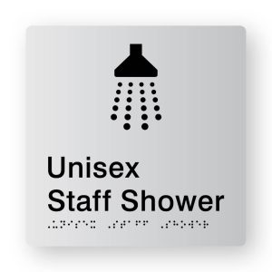 Unisex Staff Shower Braille Sign in Tactile printed Silver Acrylic. Silver Sign panel with Black Shower Symbols. Black Text Reads Unisex Staff Shower. Black Braille text is shown