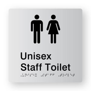 Unisex Staff Toilet Braille Sign in Tactile printed Silver Acrylic. Silver Sign panel with Black Male & Female Symbols. Black Text Reads Unisex Staff Toilet. Black Braille text is shown