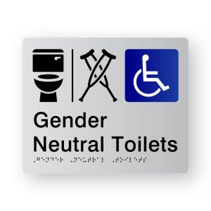 Airlock - Gender Neutral Ambulant & Accessible Toilets Braille Sign in Tactile Printed Silver Acrylic. Silver Sign panel with Black Toilet, Airlock & Ambulant Symbols & Blue & White Accessible Symbol. Black text reads Gender Neutral Toilets, Black Braille text is shown