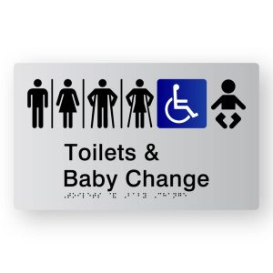 Airlock Toilets & Baby Change Braille Sign, Tactile printed in Silver Acrylic. Silver Sign panel with Black Male, Airlock, Female, Male Ambulant, Female Ambulant & Baby Symbols. Blue & White Accessible Symbol. Black Text reads Toilets & Baby Change. Black Braille text is shown.