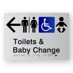 Airlock Toilets & baby change Braille Sign with Left Arrow, Tactile printed in Silver Acrylic. Silver Sign panel with Black Left pointing Arrow, Black Male, Airlock & baby Symbol. Blue & White Accessible Symbol. Black Text reads Toilets & baby Change. Black Braille text is shown.