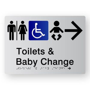 Airlock Toilets & baby change Braille Sign with Right Arrow, Tactile printed in Silver Acrylic. Silver Sign panel with Black Right pointing Arrow, Black Male, Airlock & baby Symbol. Blue & White Accessible Symbol. Black Text reads Toilets & baby Change. Black Braille text is shown.