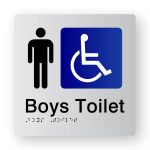 Airlock Boys Accessible Toilets Braille Sign in Tactile Printed Silver Acrylic. Silver Sign Panel with Black Male Symbol & Blue & White Accessible Symbol, & Text that reads Toilets. Black Braille text is shown