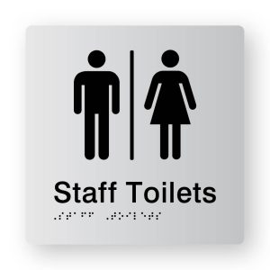 Airlock - Staff Toilets braille Sign in Tactile Printed Silver Acrylic. Silver Sign panel with Black Male, Airlock, & Female Symbols. Black text reads Staff Toilets. Black Braille Text is shown