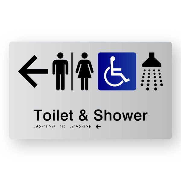 Airlock Toilets & Shower Braille Sign, Tactile printed in Silver Acrylic. Silver Sign panel with Black Left pointing Arrow, Male, Airlock, Female & Shower Symbol. Blue & White Accessible Symbol. Black Text reads Toilets & Shower. Black Braille text is shown.