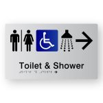 Airlock Toilets & Shower Braille Sign with Right Arrow, Tactile printed in Silver Acrylic. Silver Sign panel with Black Right pointing Arrow, Male, Airlock, Female & Shower Symbol. Blue & White Accessible Symbol. Black Text reads Toilets & Shower. Black Braille text is shown.