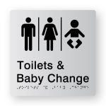Airlock - Toilets & Shower braille Sign in Tactile Printed Silver Acrylic. Silver Sign panel with Black Male, Airlock, Female & baby Symbols. Black text reads Toilets & Baby Change. Black Braille Text is shown